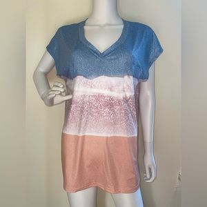 JustFashionNow Short Sleeve V Neck Jersey MultiColor Ombré Large Pocket NWT